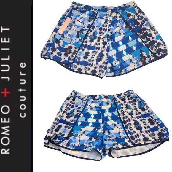 New Romeo & Juliet Couture Blue Multi-color Geometric Silky Fashion Shorts - Picture 2 of 13